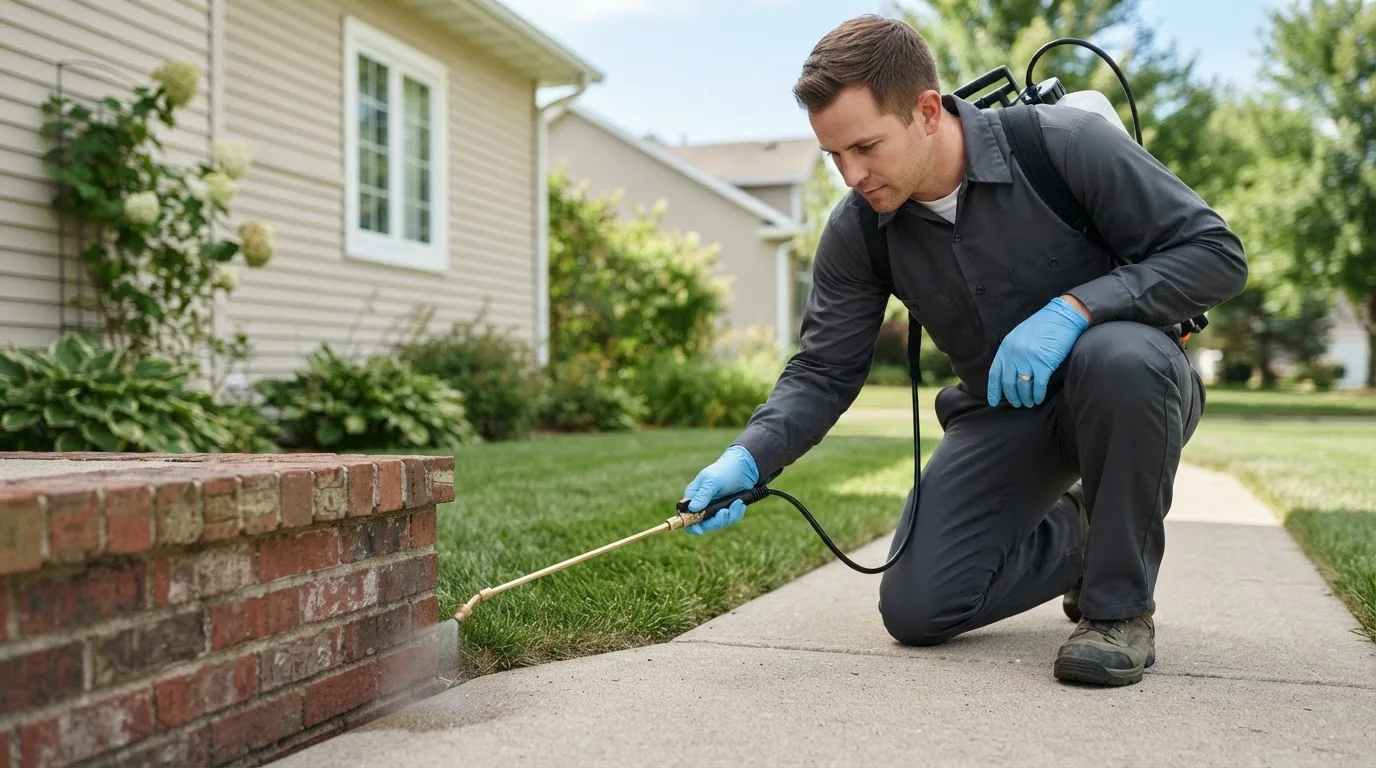 Pest control technician treating a home near Thedford, NE