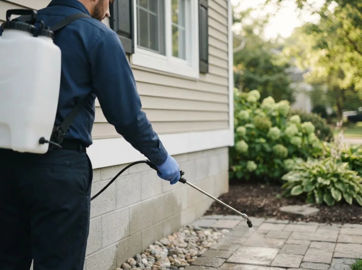 Pest control technician inspecting a home in Thedford, NE
